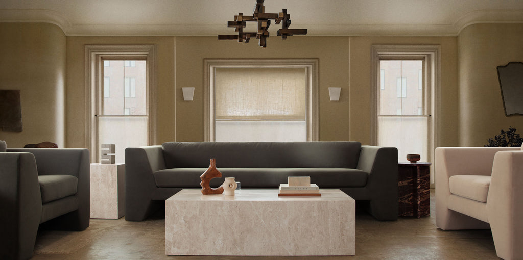 Rift Sofa in Moss Green Performance Velvet by Diamond Sofa - styled in a staged room by Center Stage Home Design