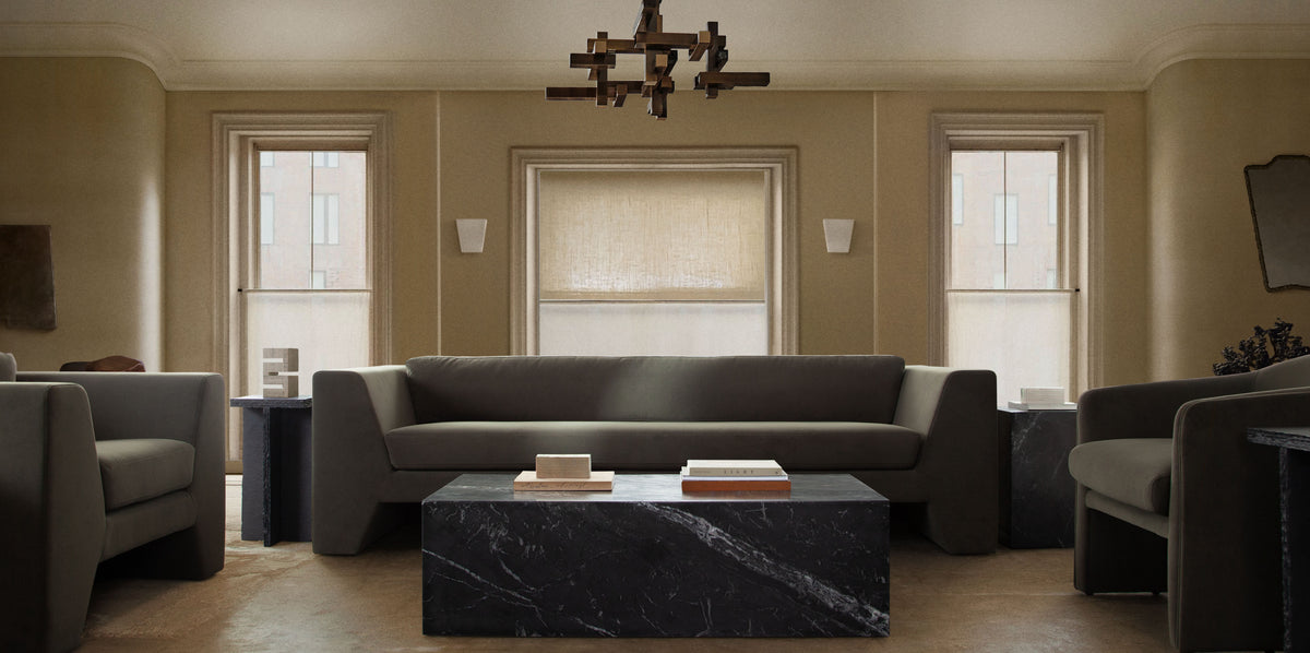 Rift Sofa in Moss Green Performance Velvet by Diamond Sofa - styled in a staged room by Center Stage Home Design