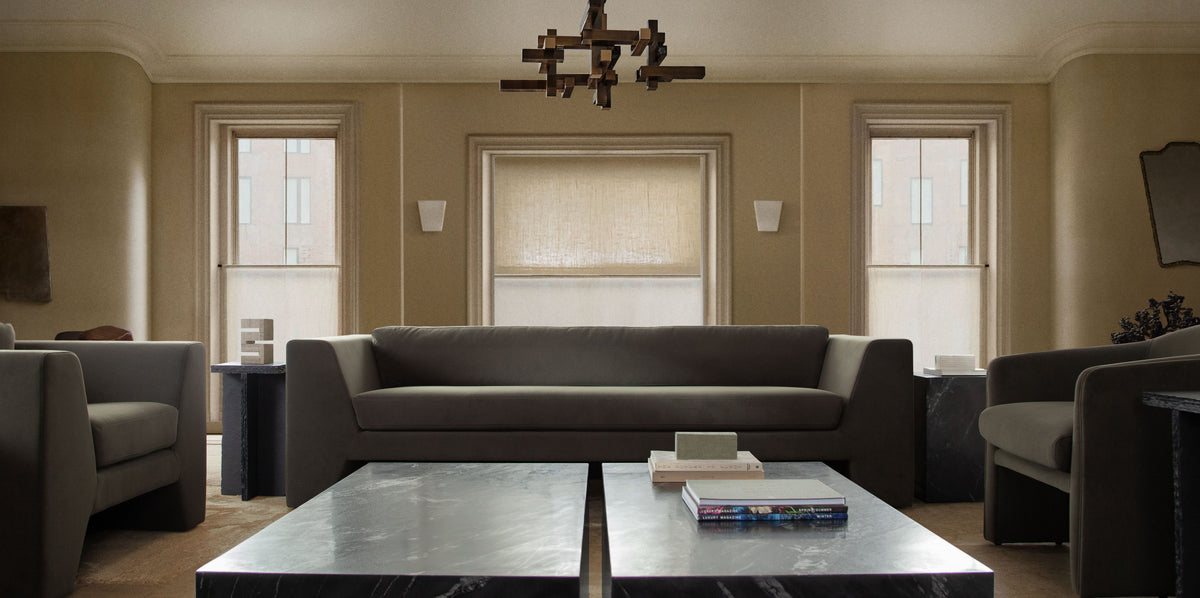 Rift Sofa in Moss Green Performance Velvet by Diamond Sofa - styled in a staged room by Center Stage Home Design