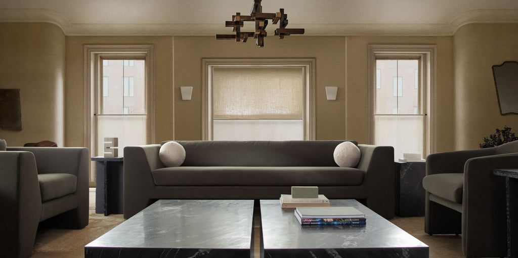 Rift Sofa in Moss Green Performance Velvet by Diamond Sofa - styled in a staged room by Center Stage Home Design