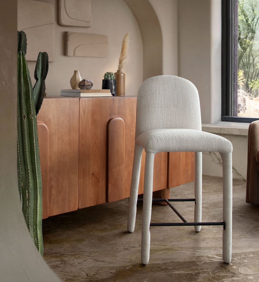 Roan Counter Height Chair in Ivory Polyester Fabric w/ Black Metal Supports by Diamond Sofa - styled in a staged room by Center Stage Home Design