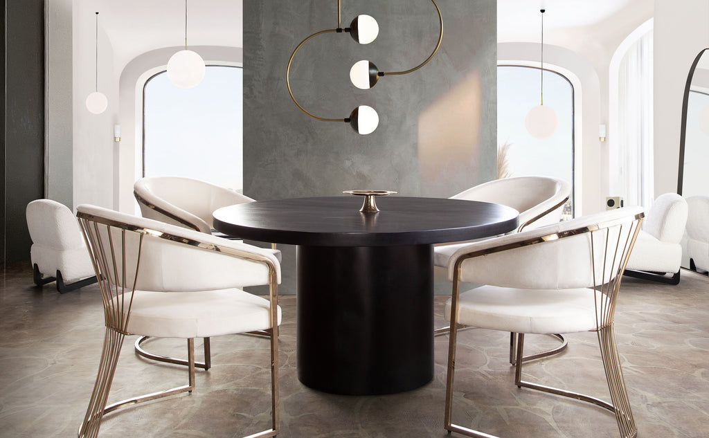 Rune 54" Round Dining Table w/ Solid Acacia Wood Top & Iron Pedestal Base in Black Finish by Diamond Sofa - styled in a staged room by Center Stage Home Design