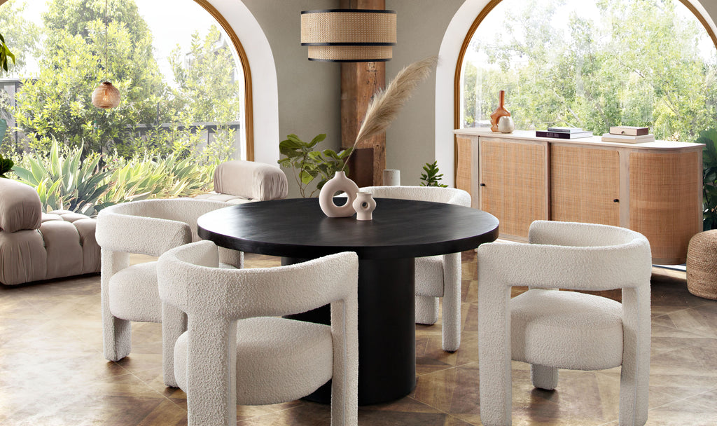 Rune 54" Round Dining Table w/ Solid Acacia Wood Top & Iron Pedestal Base in Black Finish by Diamond Sofa - styled in a staged room by Center Stage Home Design