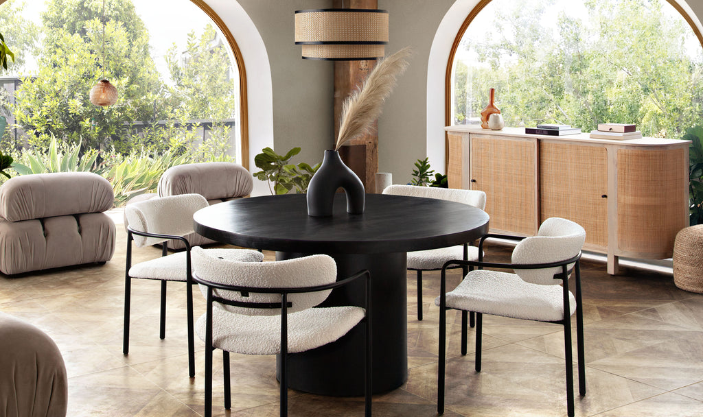 Rune 54" Round Dining Table w/ Solid Acacia Wood Top & Iron Pedestal Base in Black Finish by Diamond Sofa - styled in a staged room by Center Stage Home Design