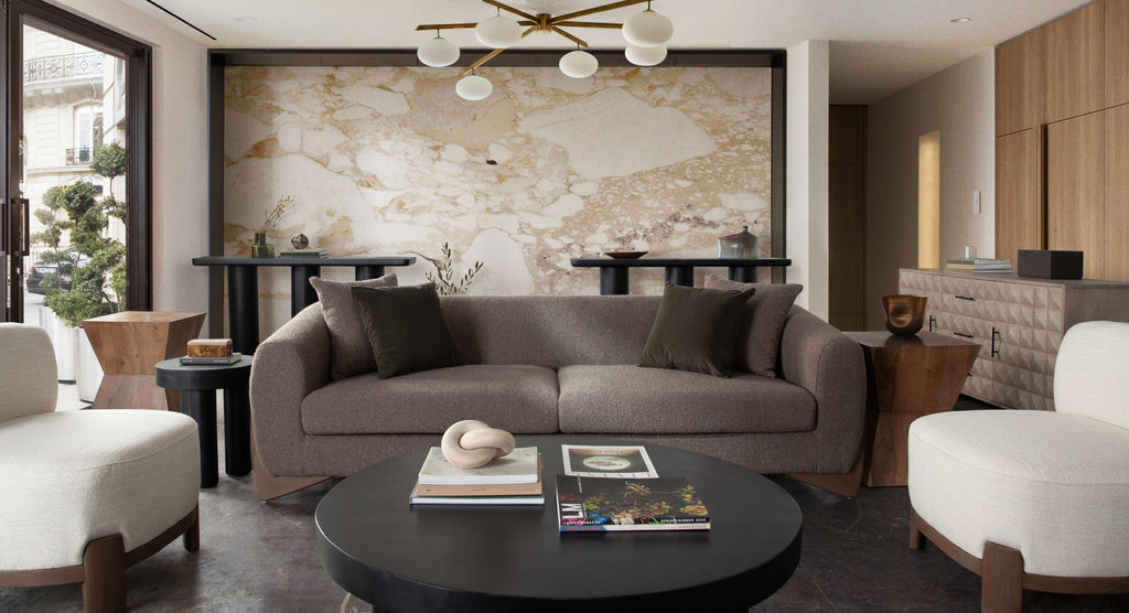 Ryder 92" Sofa in Toffee Polyester Fabric by Diamond Sofa - styled in a staged room by Center Stage Home Design