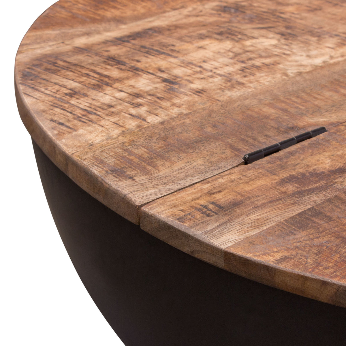 Salem Round Drum Storage Cocktail Table w/ Natural Mango Wood Top & Metal Base by Diamond Sofa - styled in a staged room by Center Stage Home Design