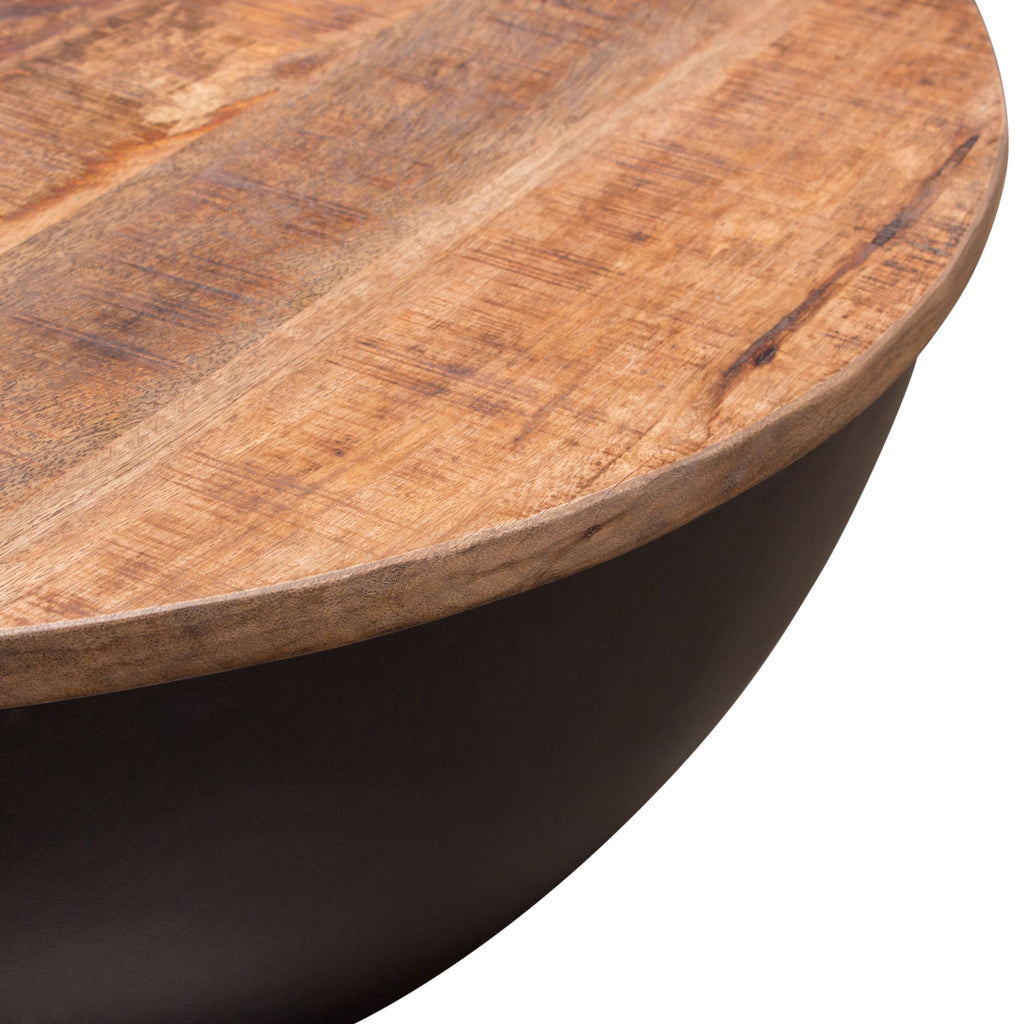Salem Round Drum Storage Cocktail Table w/ Natural Mango Wood Top & Metal Base by Diamond Sofa - styled in a staged room by Center Stage Home Design