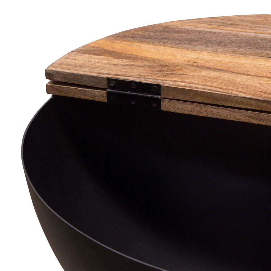 Salem Round Drum Storage Cocktail Table w/ Natural Mango Wood Top & Metal Base by Diamond Sofa - styled in a staged room by Center Stage Home Design