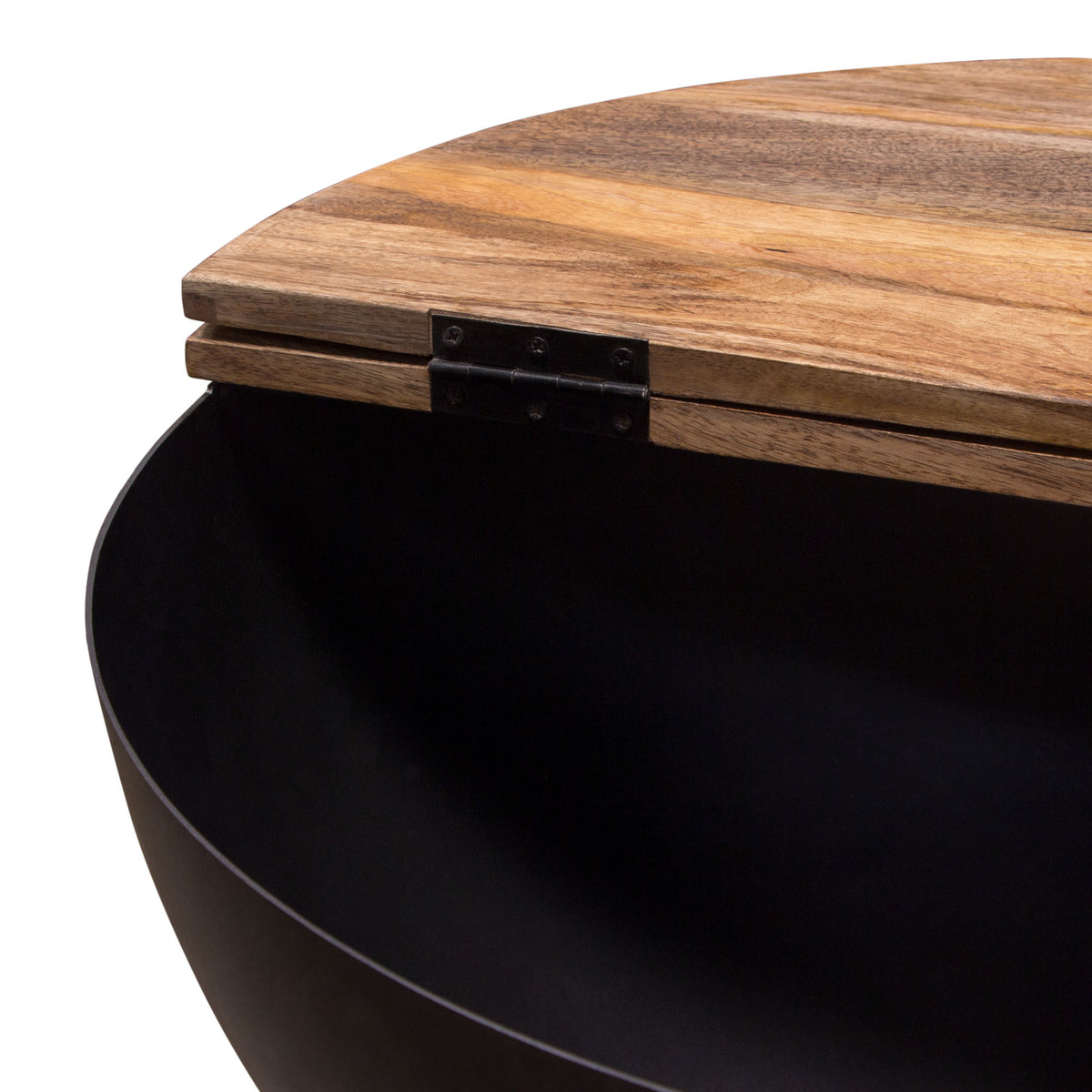 Salem Round Drum Storage Cocktail Table w/ Natural Mango Wood Top & Metal Base by Diamond Sofa - styled in a staged room by Center Stage Home Design