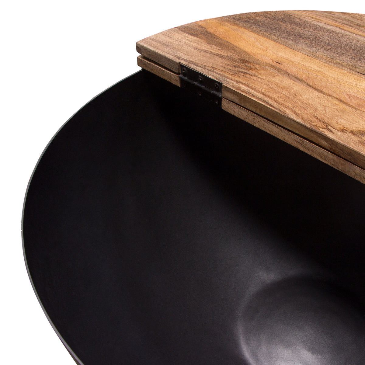 Salem Round Drum Storage Cocktail Table w/ Natural Mango Wood Top & Metal Base by Diamond Sofa - styled in a staged room by Center Stage Home Design