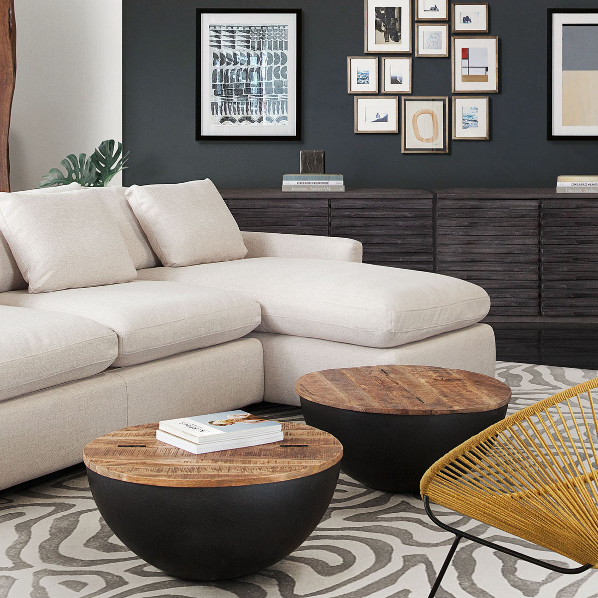 Salem Round Drum Storage Cocktail Table w/ Natural Mango Wood Top & Metal Base by Diamond Sofa - styled in a staged room by Center Stage Home Design