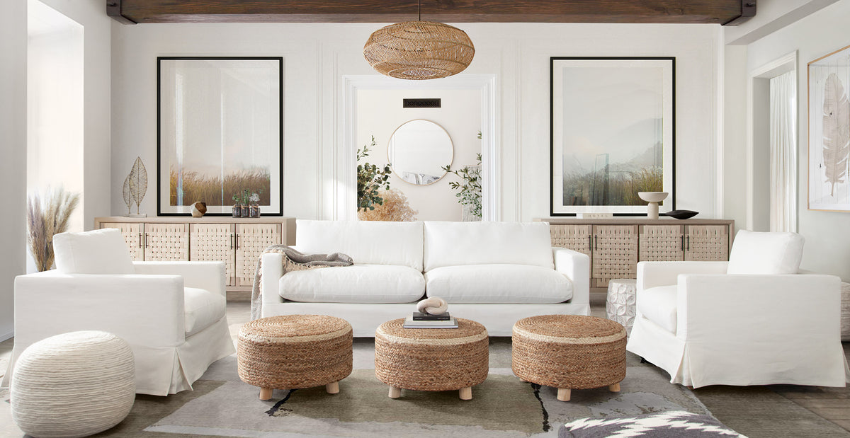 Savannah Slip-Cover Chair in White Natural Linen by Diamond Sofa - styled in a staged room by Center Stage Home Design