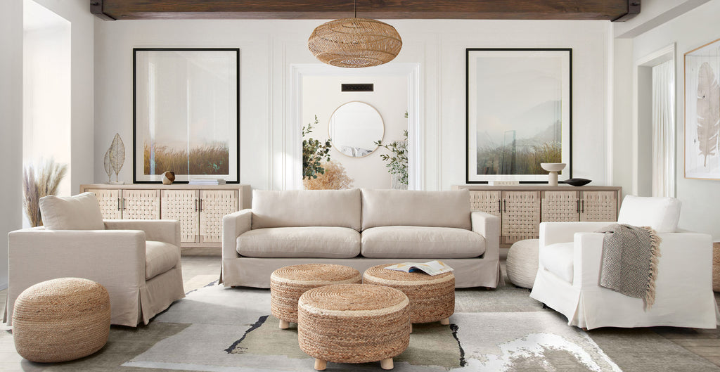 Savannah Slip-Cover Sofa in Sand Natural Linen by Diamond Sofa - styled in a staged room by Center Stage Home Design