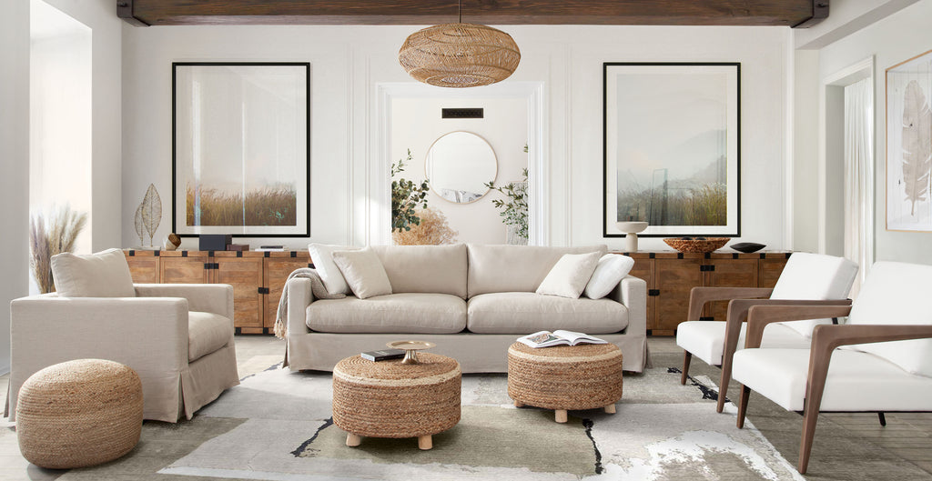Savannah Slip-Cover Sofa in Sand Natural Linen by Diamond Sofa - styled in a staged room by Center Stage Home Design