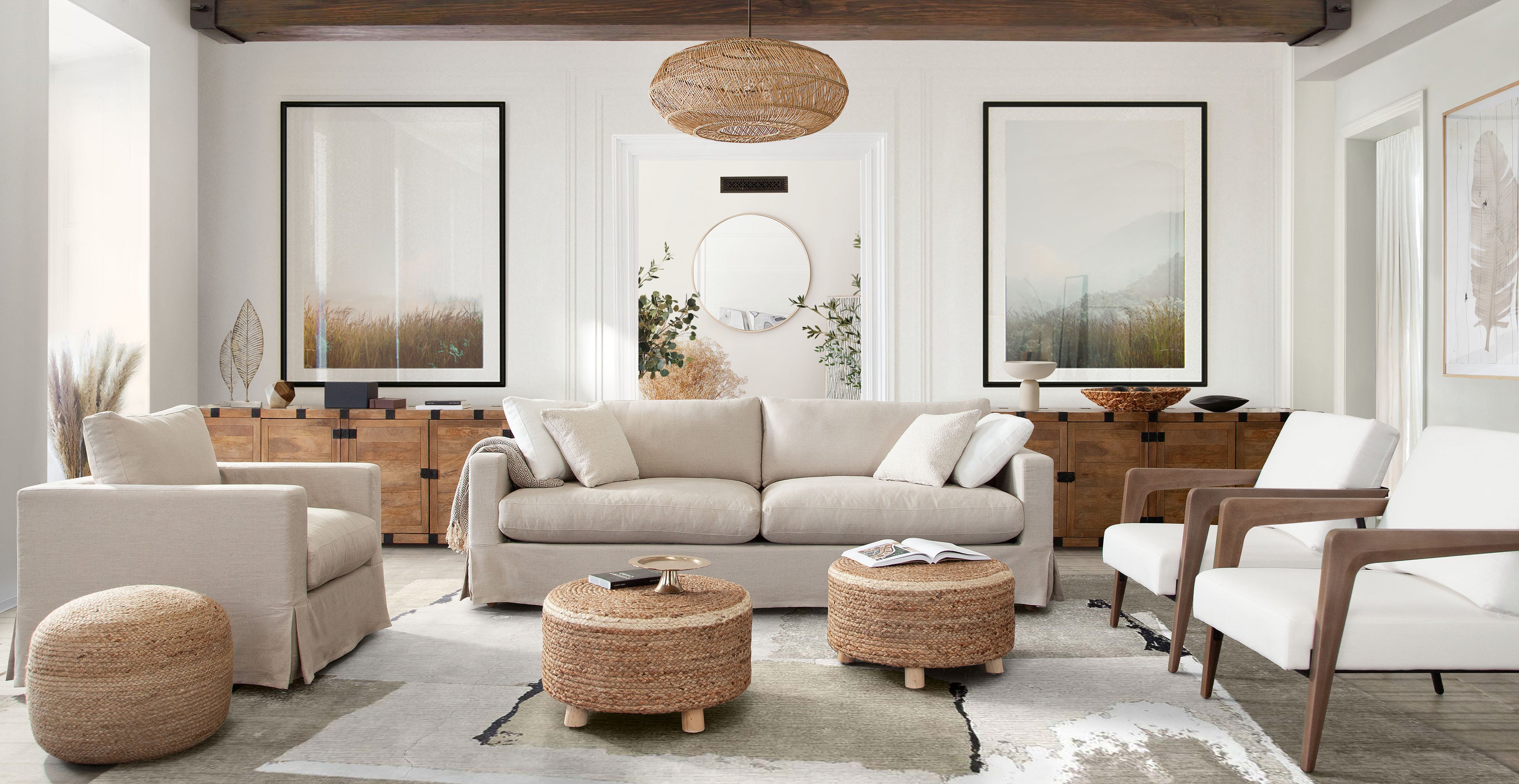 Savannah Slip-Cover Sofa in Sand Natural Linen by Diamond Sofa - styled in a staged room by Center Stage Home Design
