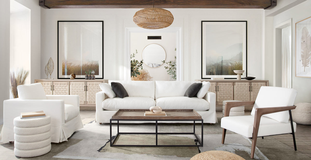 Savannah Slip-Cover Sofa in White Natural Linen by Diamond Sofa - styled in a staged room by Center Stage Home Design
