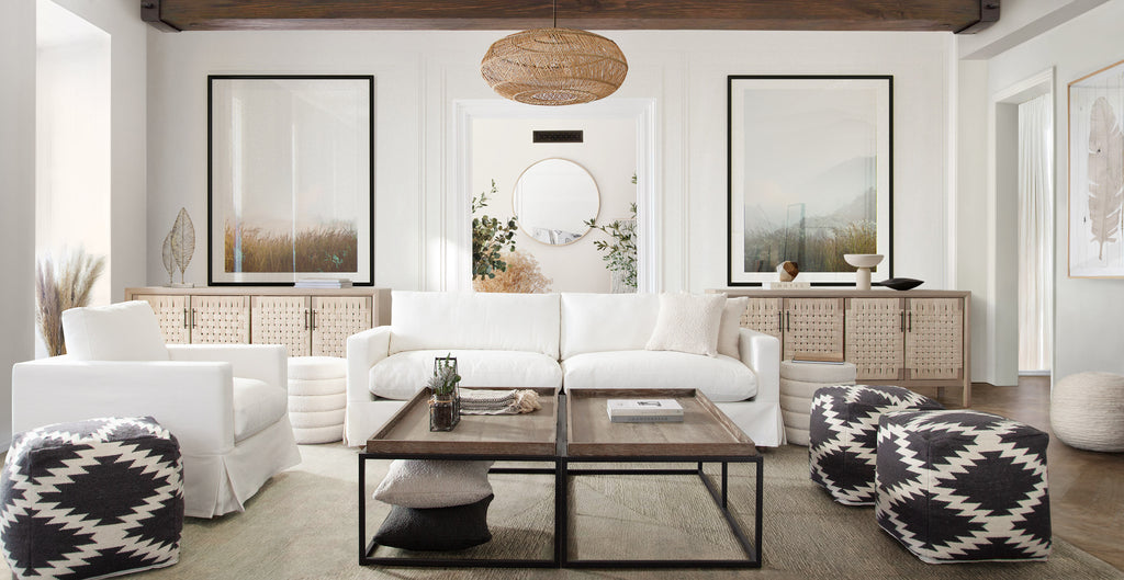 Savannah Slip-Cover Sofa in White Natural Linen by Diamond Sofa - styled in a staged room by Center Stage Home Design