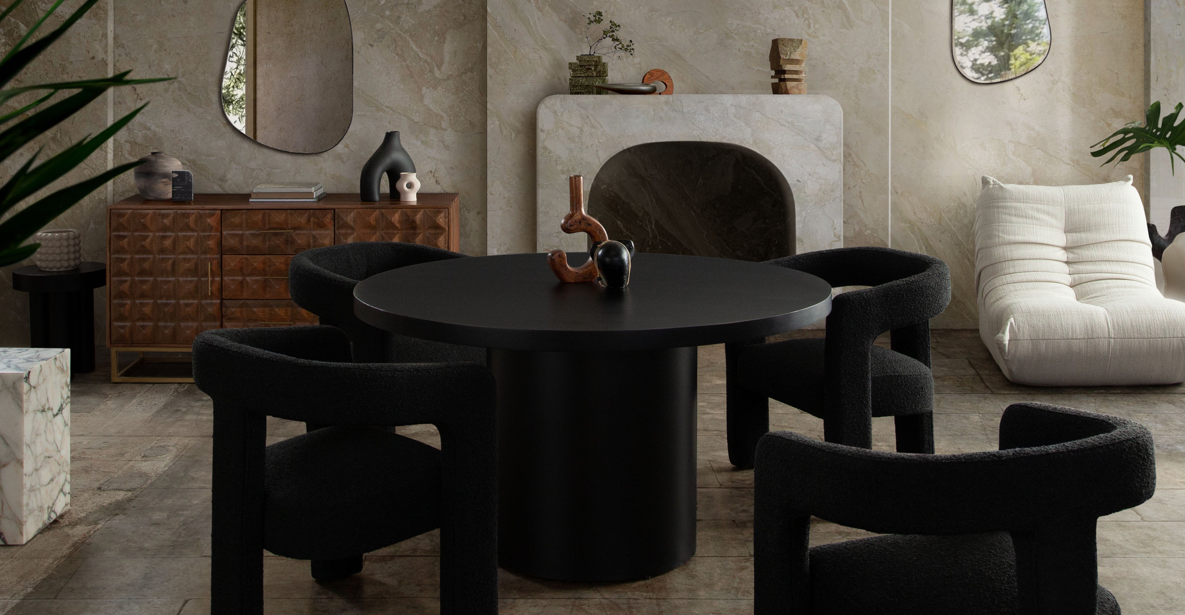 Scout Dining/Accent Chair in Black Boucle Fabric by Diamond Sofa - styled in a staged room by Center Stage Home Design