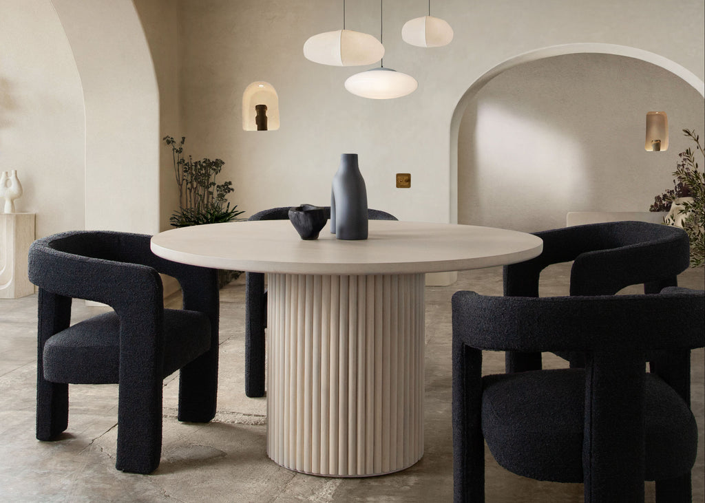 Scout Dining/Accent Chair in Black Boucle Fabric by Diamond Sofa - styled in a staged room by Center Stage Home Design