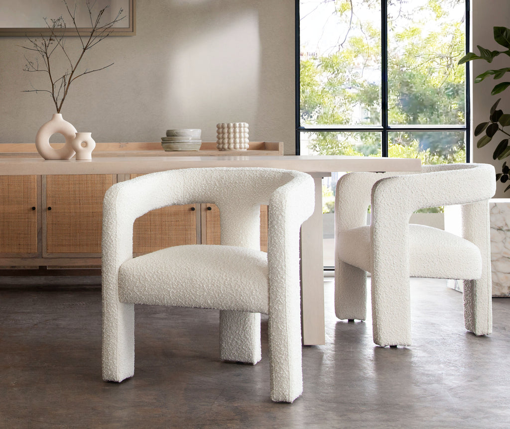 Scout Dining/Accent Chair in Ivory Boucle Fabric by Diamond Sofa - styled in a staged room by Center Stage Home Design