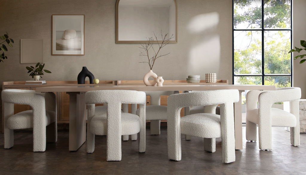 Scout Dining/Accent Chair in Ivory Boucle Fabric by Diamond Sofa - styled in a staged room by Center Stage Home Design