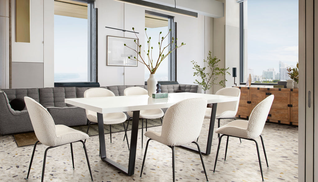 Session 2-Pack Dining Chair in Ivory Boucle w/ Black Powder Coat Metal Leg by Diamond Sofa - styled in a staged room by Center Stage Home Design