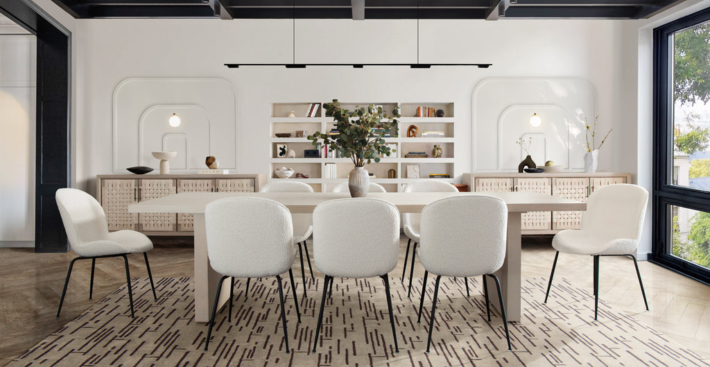 Session 2-Pack Dining Chair in Ivory Boucle w/ Black Powder Coat Metal Leg by Diamond Sofa - styled in a staged room by Center Stage Home Design