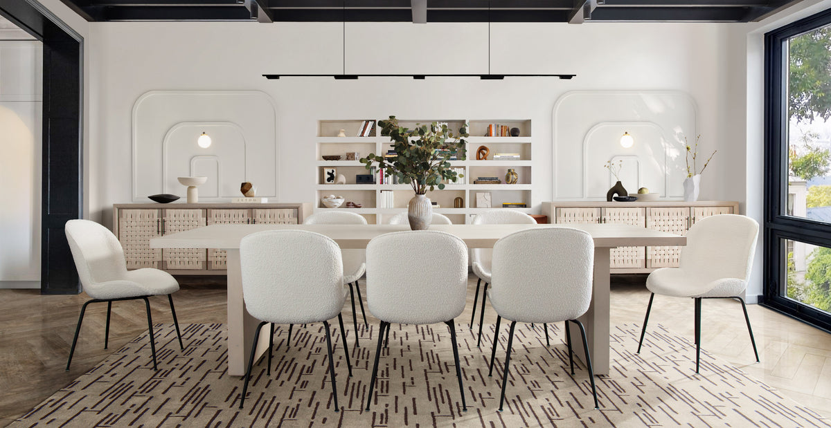 Session 2-Pack Dining Chair in Ivory Boucle w/ Black Powder Coat Metal Leg by Diamond Sofa - styled in a staged room by Center Stage Home Design