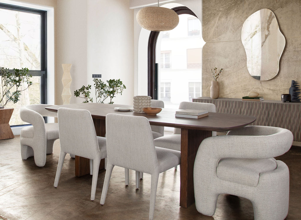 Sienna 87" Rectangular Dining Table in Oak Finish by Diamond Sofa - styled in a staged room by Center Stage Home Design