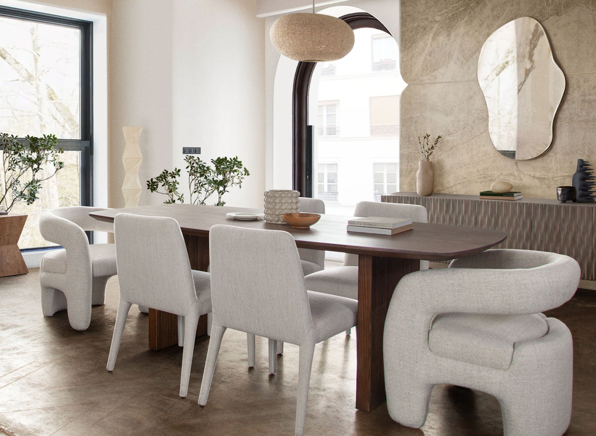 Sienna 87" Rectangular Dining Table in Oak Finish by Diamond Sofa - styled in a staged room by Center Stage Home Design