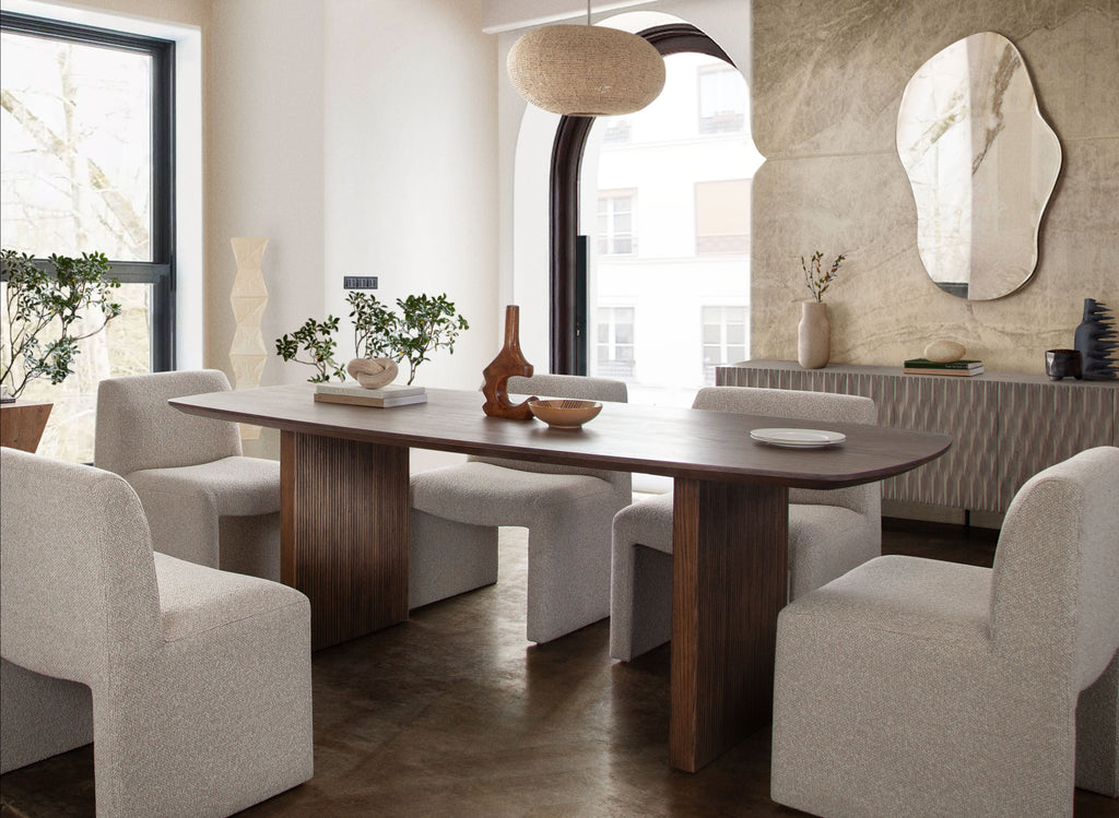 Sienna 87" Rectangular Dining Table in Oak Finish by Diamond Sofa - styled in a staged room by Center Stage Home Design