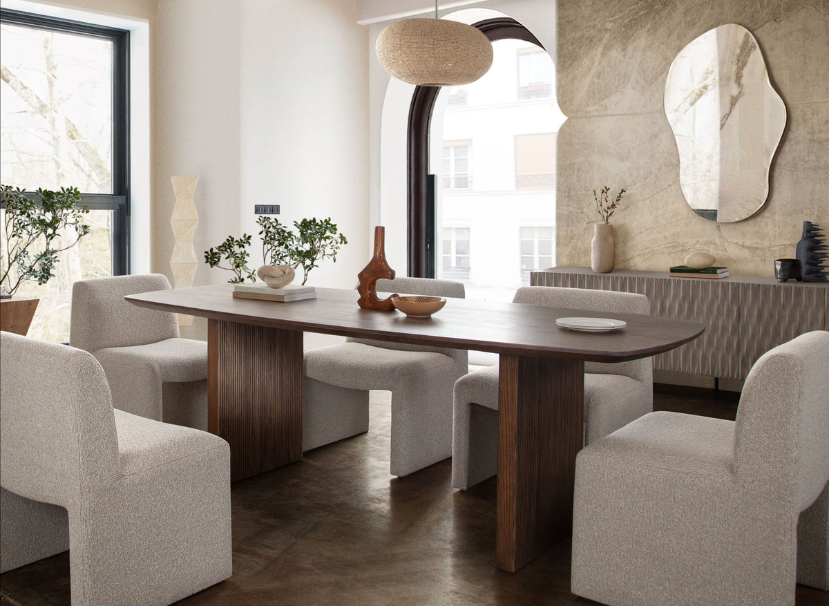 Sienna 87" Rectangular Dining Table in Oak Finish by Diamond Sofa - styled in a staged room by Center Stage Home Design