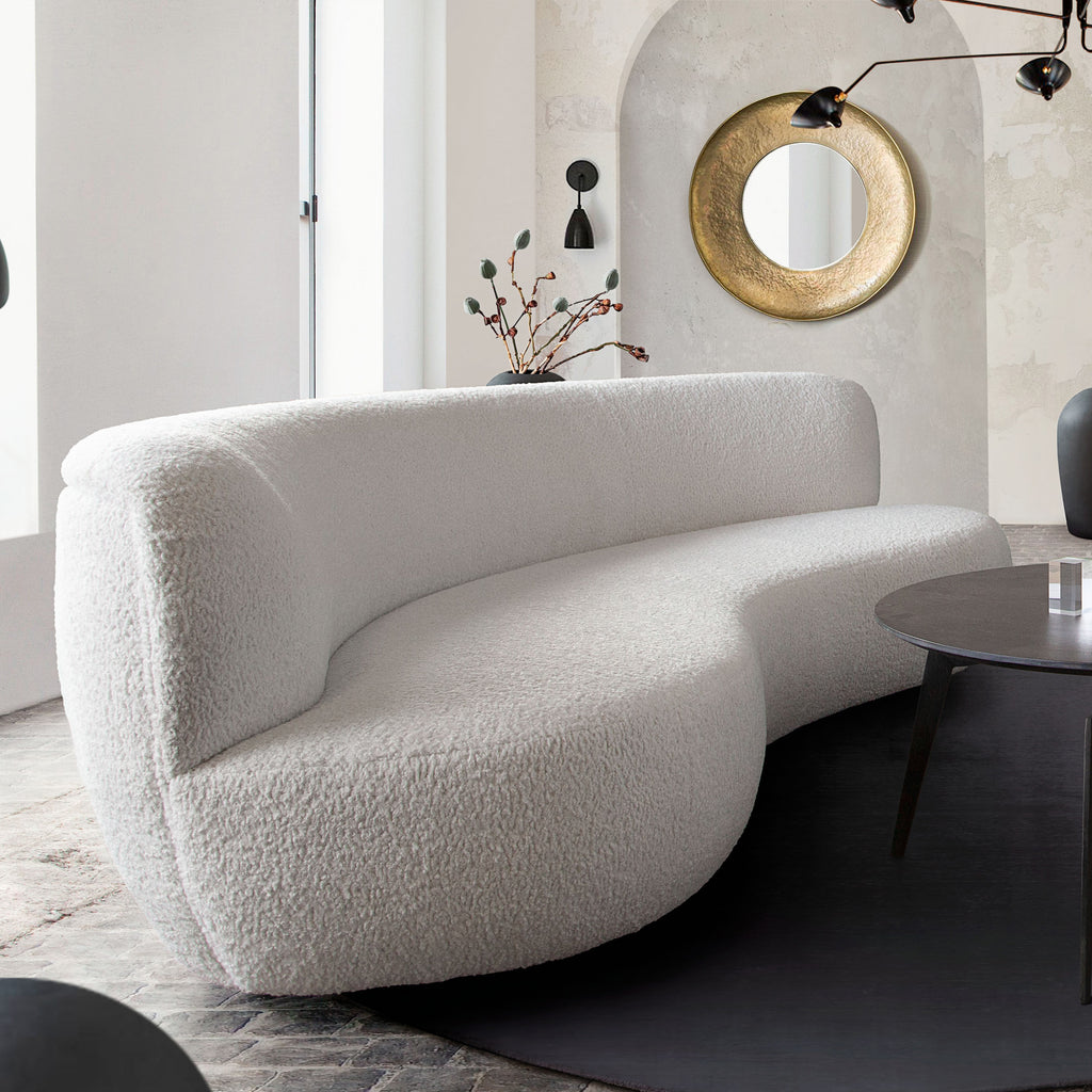 Simone Curved Sofa in White Faux Sheepskin Fabric by Diamond Sofa - styled in a staged room by Center Stage Home Design