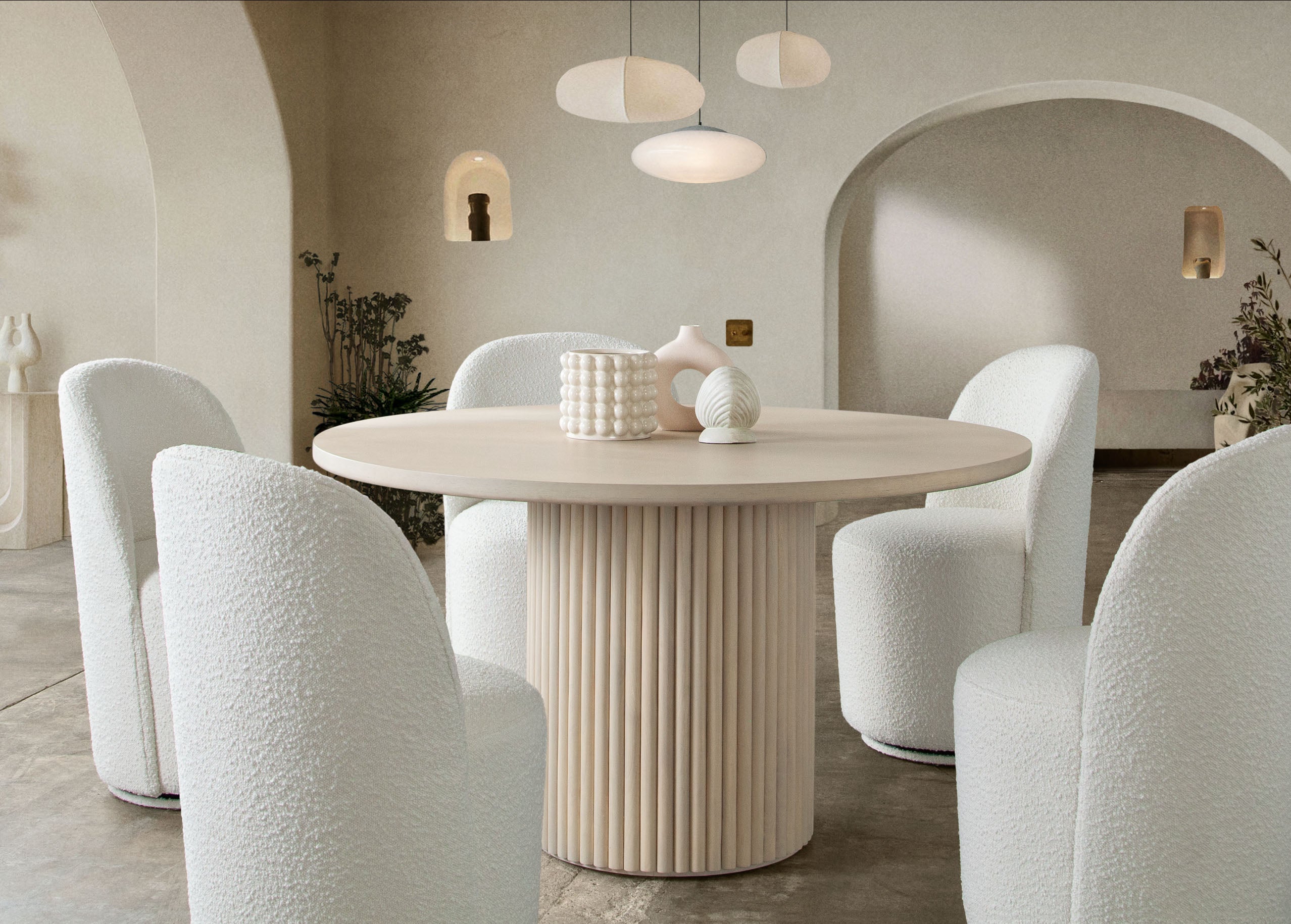 Siren 54" Round Wood Dining Table in Almond Finish w/ Fluted Pedestal Base by Diamond Sofa - styled in a staged room by Center Stage Home Design