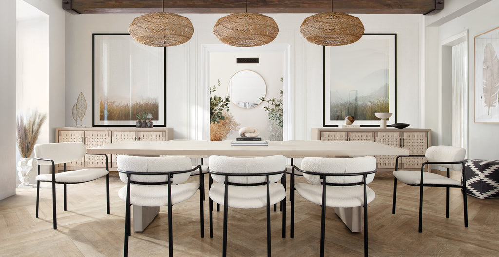 Set of (2) Skyler Dining Chairs in Ivory Boucle Fabric w/ Black Metal Frame by Diamond Sofa - styled in a staged room by Center Stage Home Design