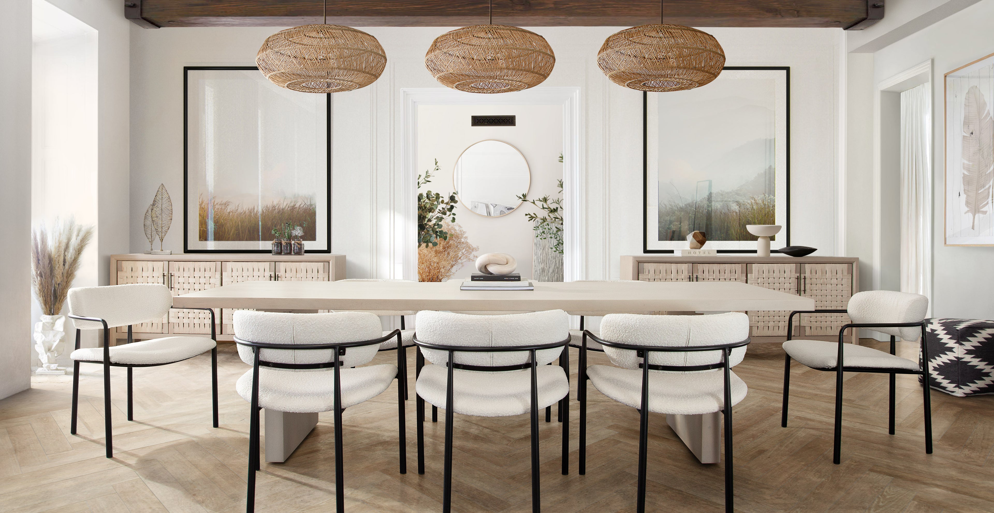 Set of (2) Skyler Dining Chairs in Ivory Boucle Fabric w/ Black Metal Frame by Diamond Sofa - styled in a staged room by Center Stage Home Design