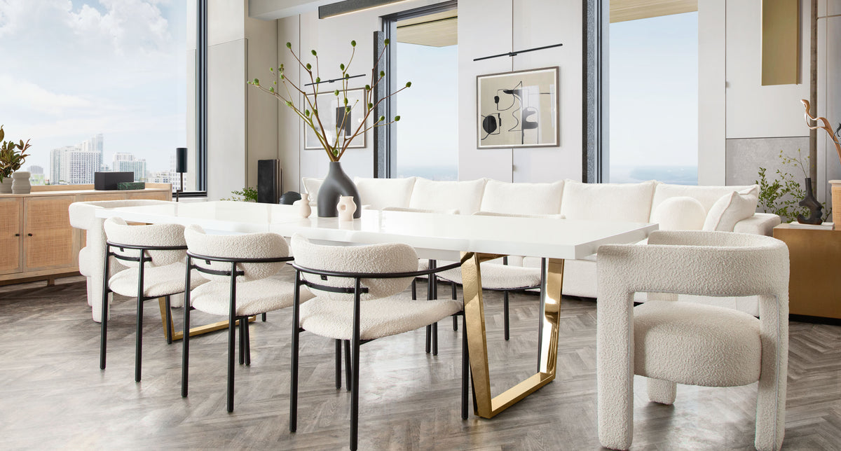Set of (2) Skyler Dining Chairs in Ivory Boucle Fabric w/ Black Metal Frame by Diamond Sofa - styled in a staged room by Center Stage Home Design