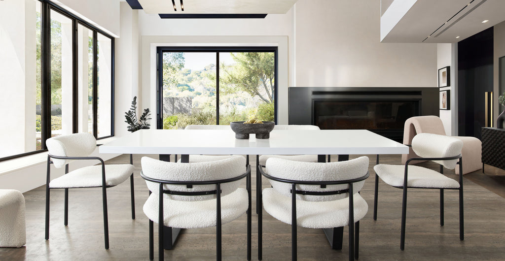 Set of (2) Skyler Dining Chairs in Ivory Boucle Fabric w/ Black Metal Frame by Diamond Sofa - styled in a staged room by Center Stage Home Design