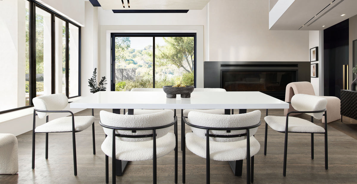 Set of (2) Skyler Dining Chairs in Ivory Boucle Fabric w/ Black Metal Frame by Diamond Sofa - styled in a staged room by Center Stage Home Design