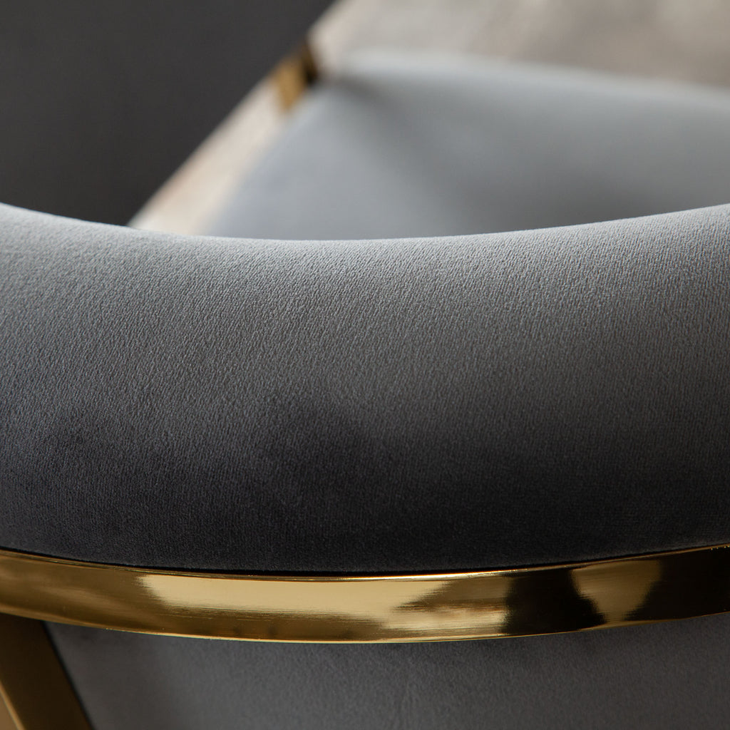 Solstice Counter Height Chair in Grey Velvet w/ Polished Gold Metal Frame by Diamond Sofa - styled in a staged room by Center Stage Home Design