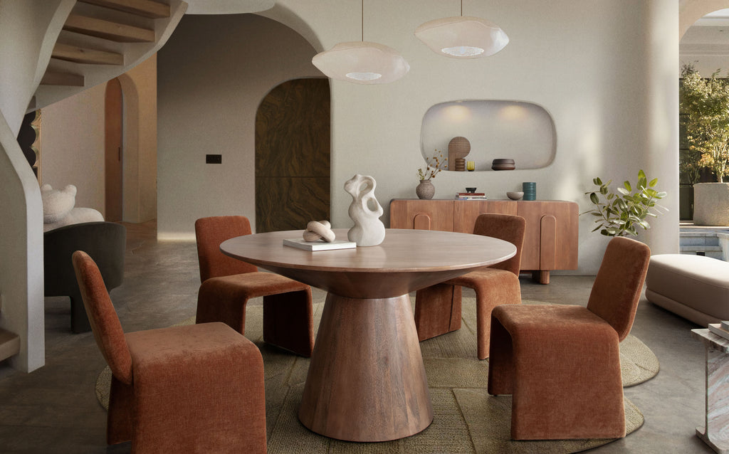 Sona Dining Chair in Amber (Burnt Orange) Fabric by Diamond Sofa - styled in a staged room by Center Stage Home Design