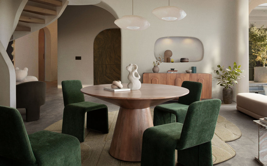 Sona Dining Chair in Spruce Green Fabric by Diamond Sofa - styled in a staged room by Center Stage Home Design