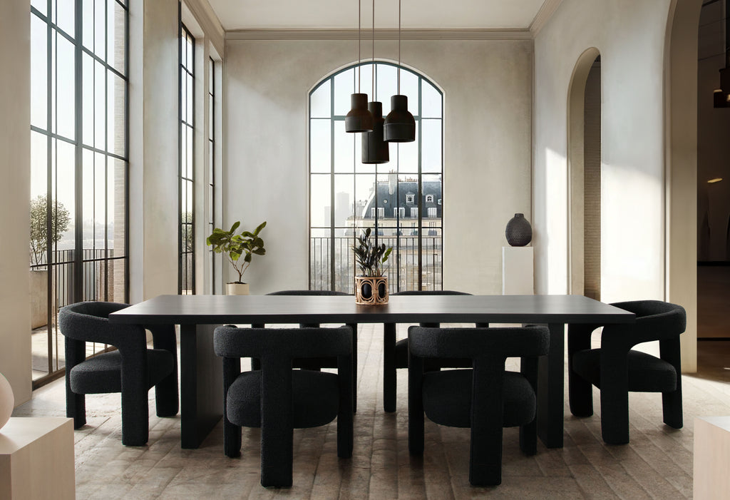 Sonoma 110" Wood Dining Table in Black Finish by Diamond Sofa - styled in a staged room by Center Stage Home Design