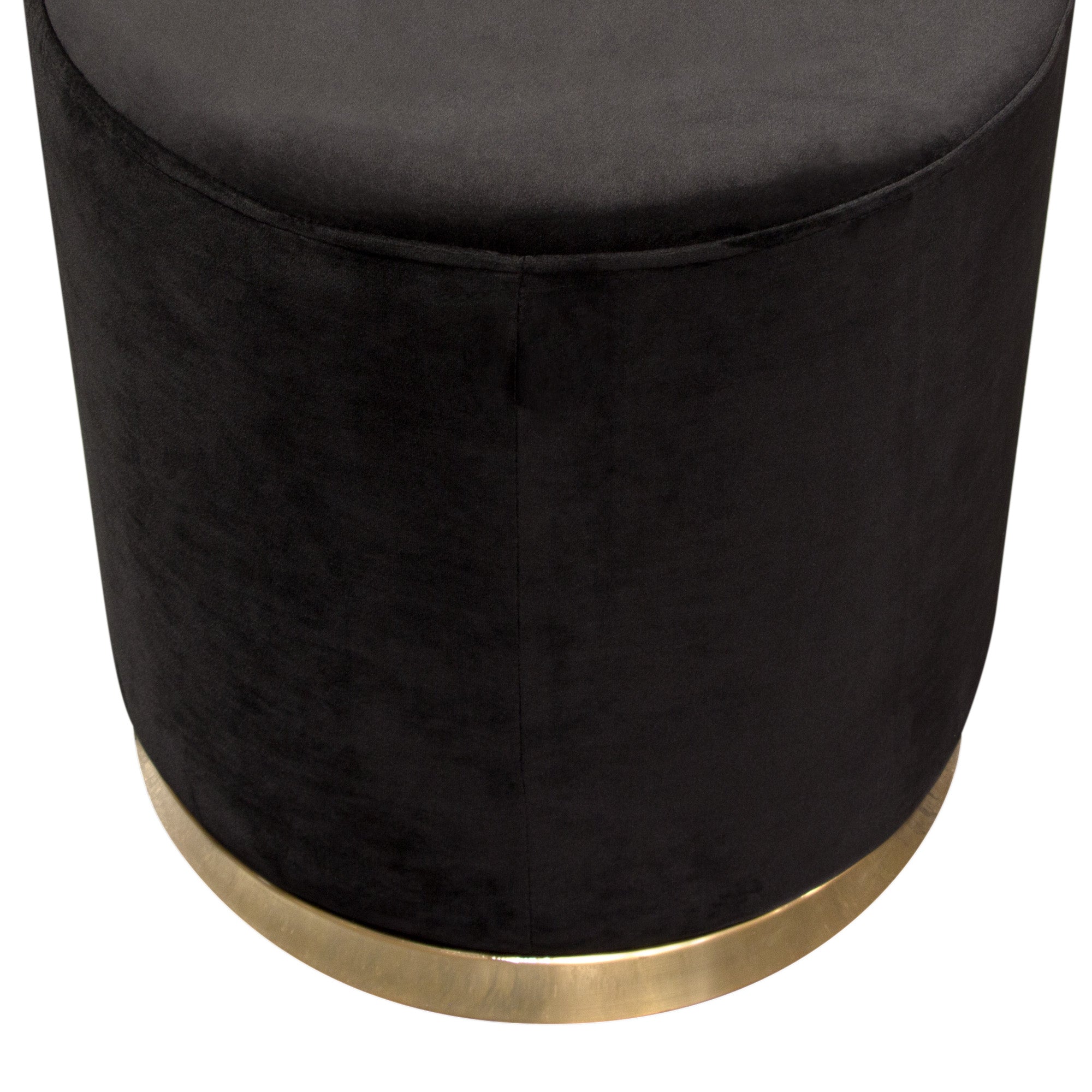 Sorbet Round Accent Ottoman in Black Velvet w/ Gold Metal Band Accent by Diamond Sofa - styled in a staged room by Center Stage Home Design