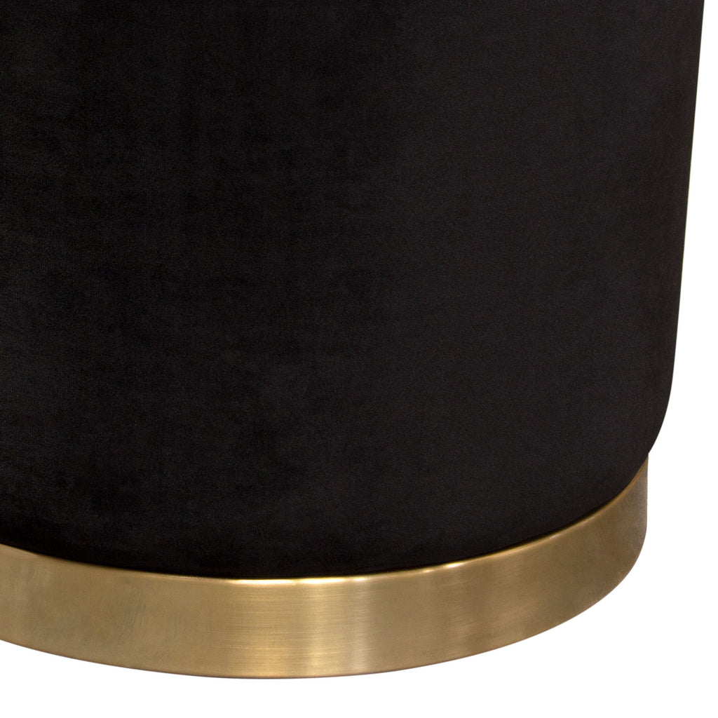 Sorbet Round Accent Ottoman in Black Velvet w/ Gold Metal Band Accent by Diamond Sofa - styled in a staged room by Center Stage Home Design