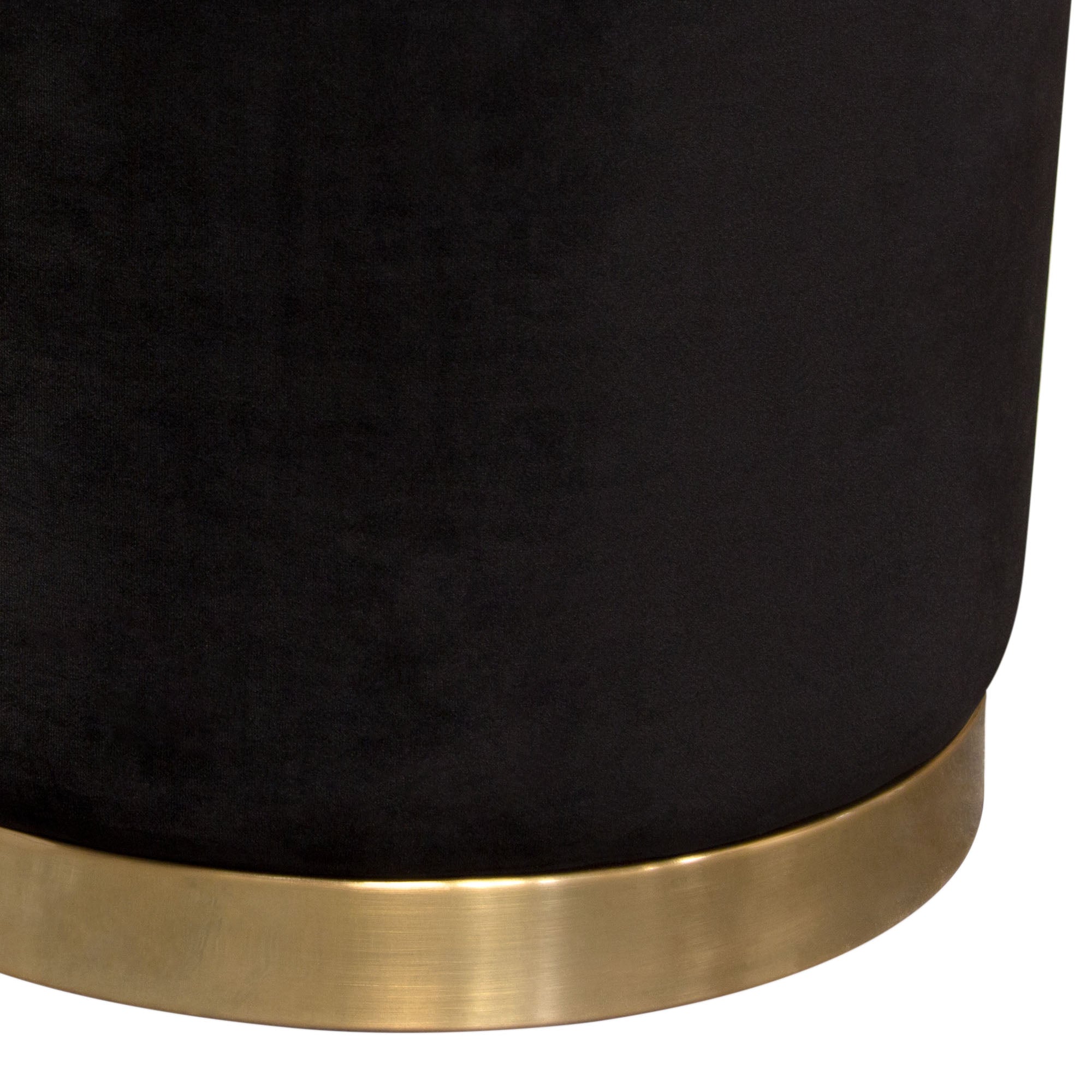 Sorbet Round Accent Ottoman in Black Velvet w/ Gold Metal Band Accent by Diamond Sofa - styled in a staged room by Center Stage Home Design