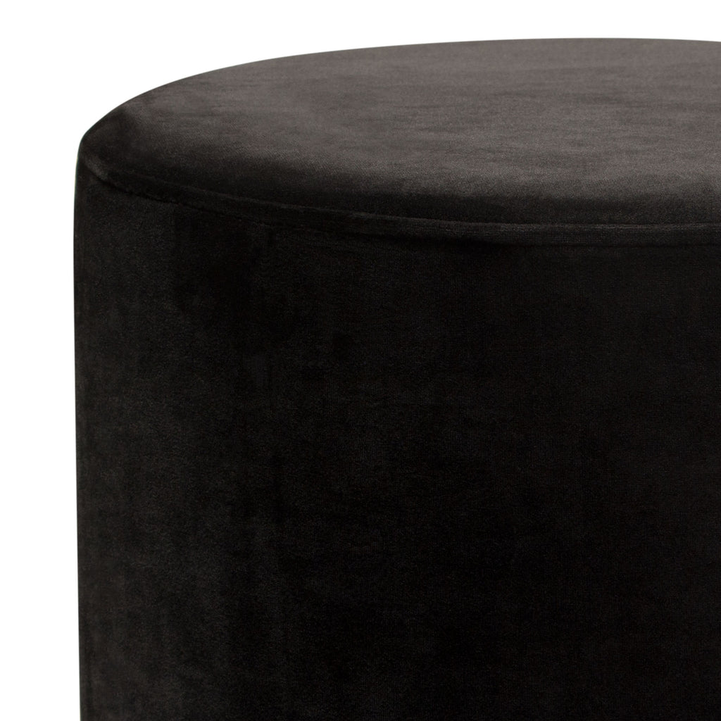 Sorbet Round Accent Ottoman in Black Velvet w/ Gold Metal Band Accent by Diamond Sofa - styled in a staged room by Center Stage Home Design