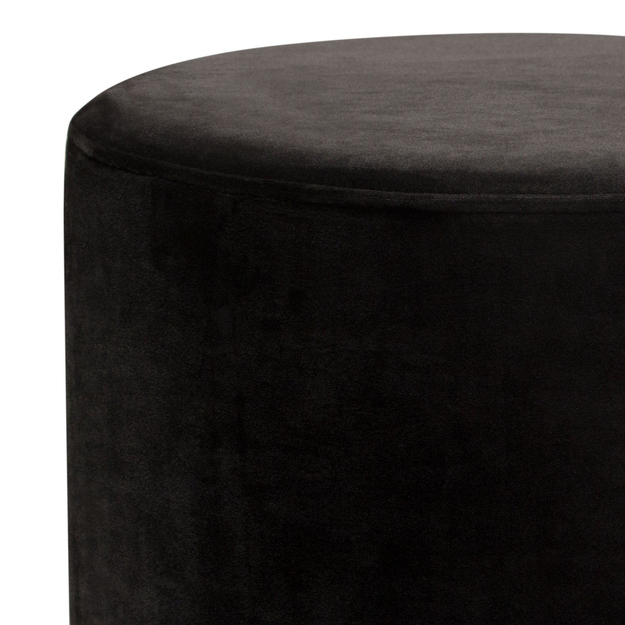 Sorbet Round Accent Ottoman in Black Velvet w/ Gold Metal Band Accent by Diamond Sofa - styled in a staged room by Center Stage Home Design