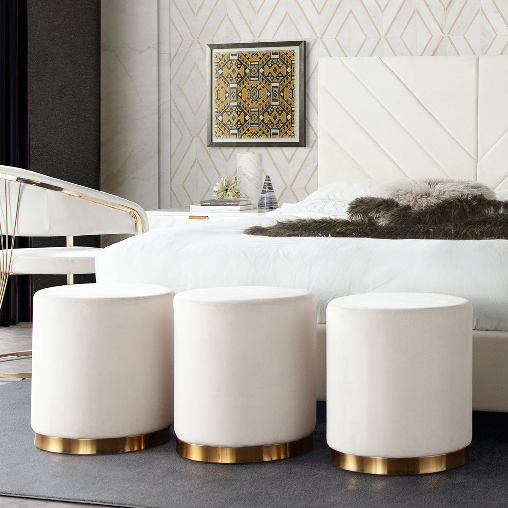 Sorbet Round Accent Ottoman in Cream Velvet w/ Gold Metal Band Accent by Diamond Sofa - styled in a staged room by Center Stage Home Design