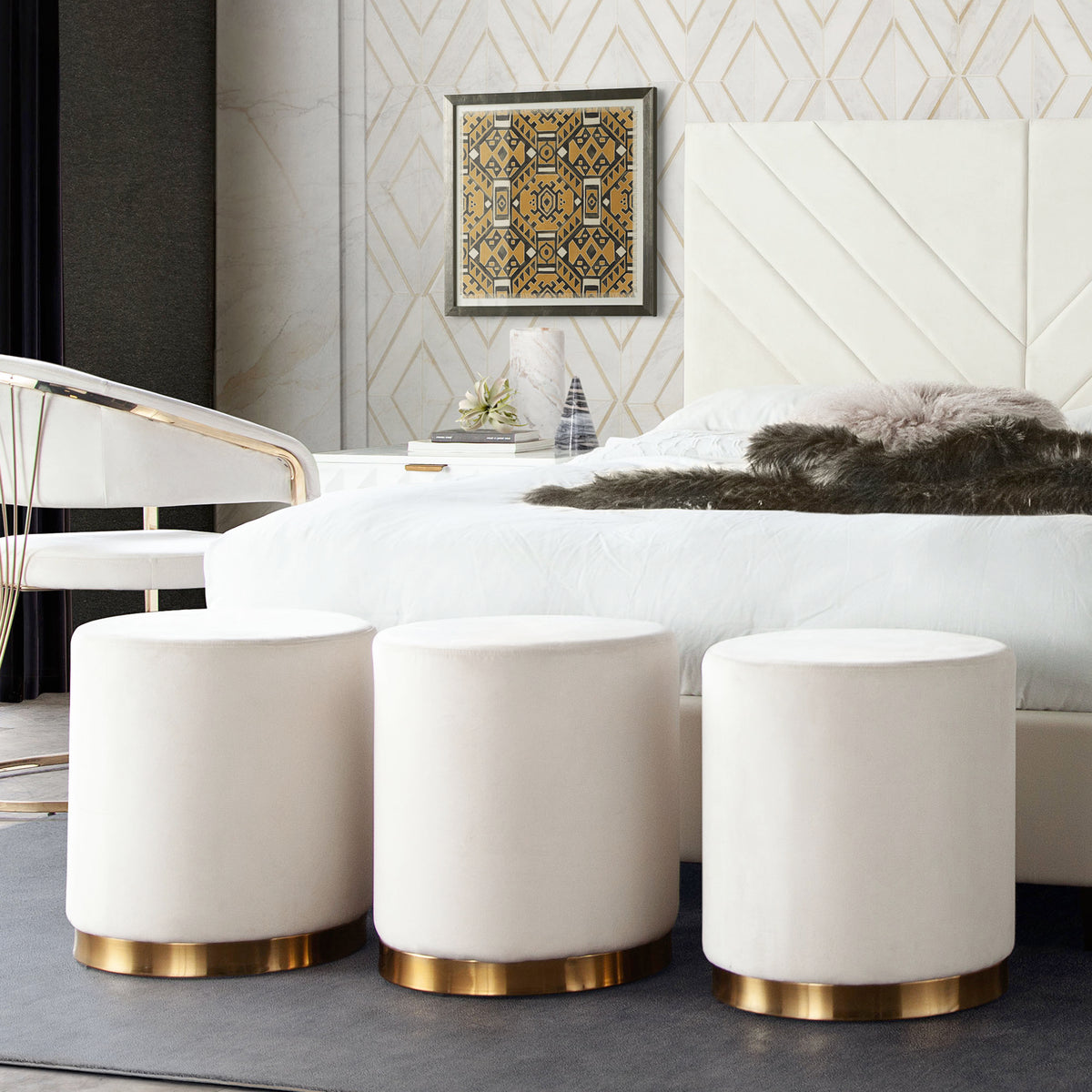 Sorbet Round Accent Ottoman in Cream Velvet w/ Gold Metal Band Accent by Diamond Sofa - styled in a staged room by Center Stage Home Design